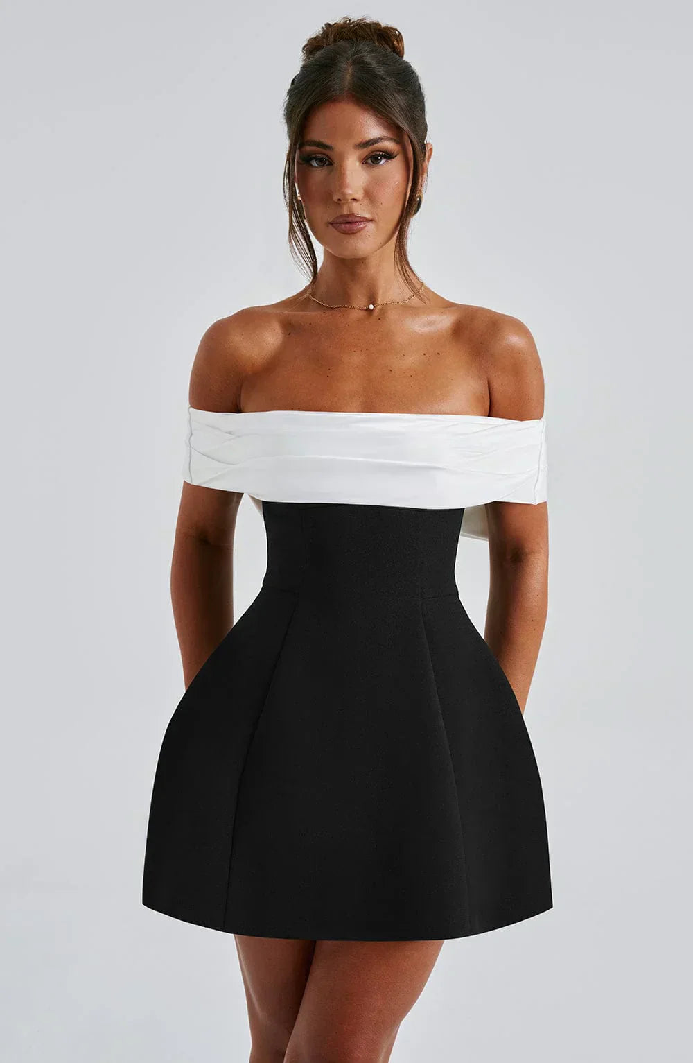 Women's Satin Mini Dress with Off-Shoulder Band and Back Bow
