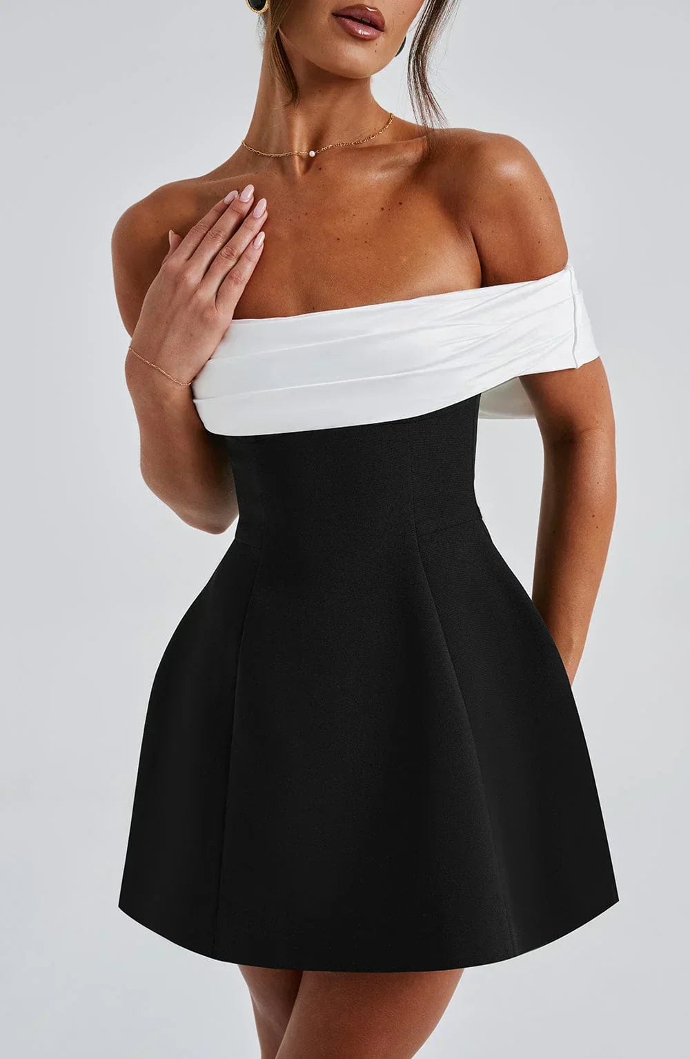 Women's Satin Mini Dress with Off-Shoulder Band and Back Bow