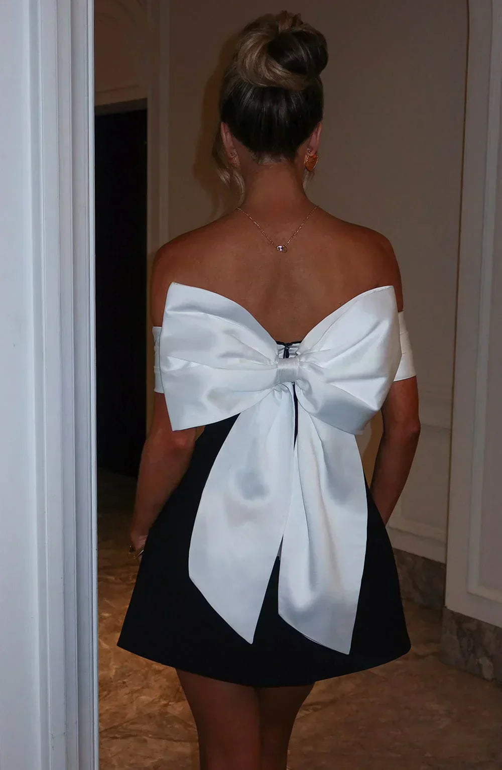 Women's Satin Mini Dress with Off-Shoulder Band and Back Bow