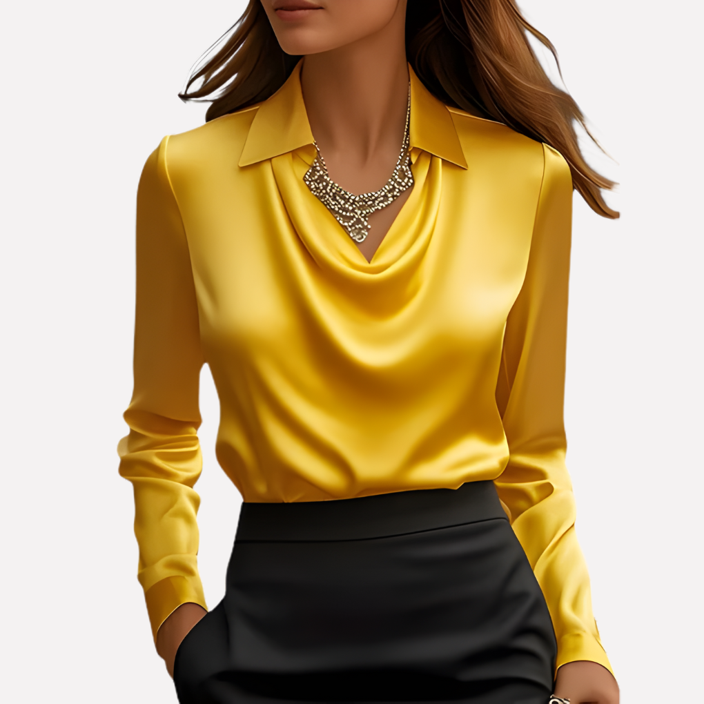 Women's Satin-Style Woven Blouse with Draped Neckline and Cuffs