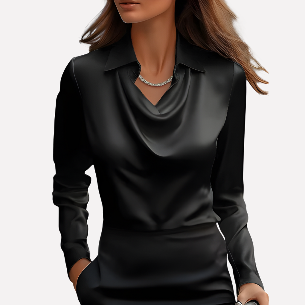 Women's Satin-Style Woven Blouse with Draped Neckline and Cuffs