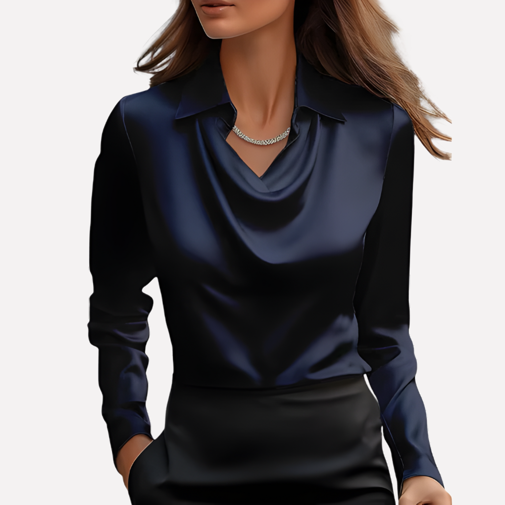 Women's Satin-Style Woven Blouse with Draped Neckline and Cuffs