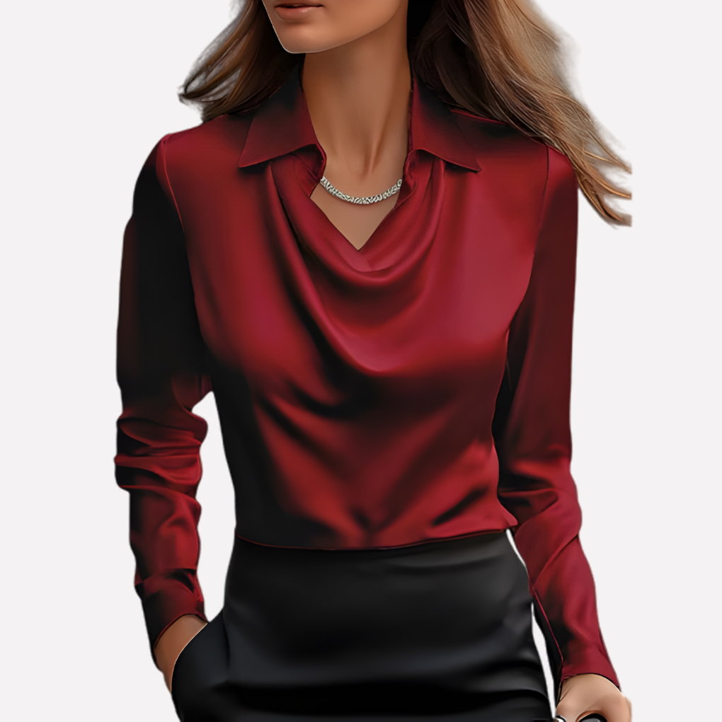 Women's Satin-Style Woven Blouse with Draped Neckline and Cuffs