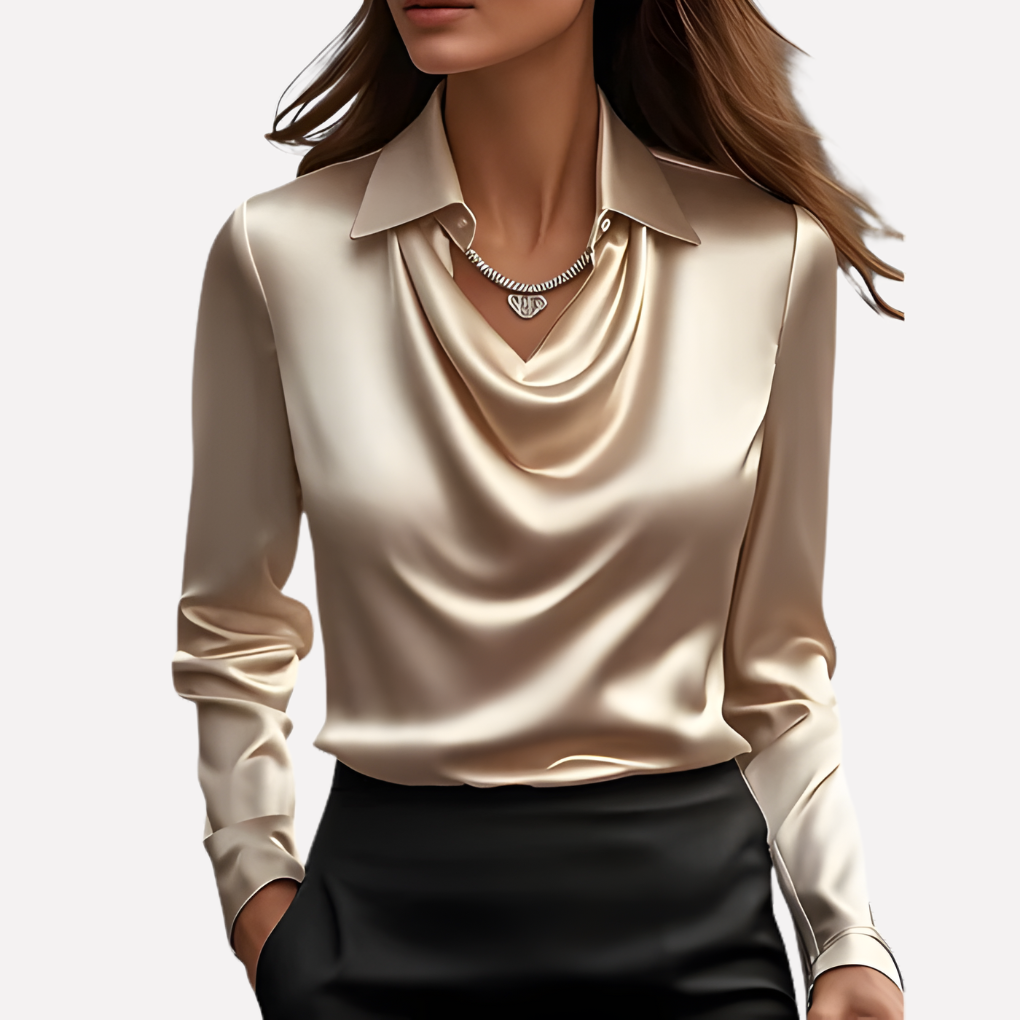Women's Satin-Style Woven Blouse with Draped Neckline and Cuffs
