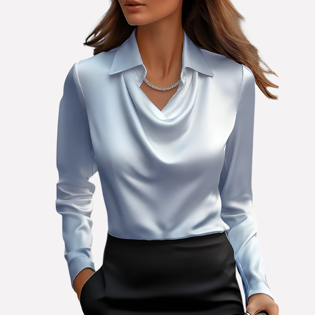 Women's Satin-Style Woven Blouse with Draped Neckline and Cuffs