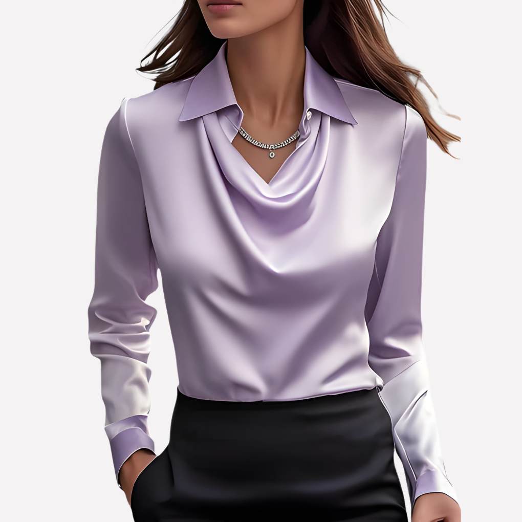 Women's Satin-Style Woven Blouse with Draped Neckline and Cuffs