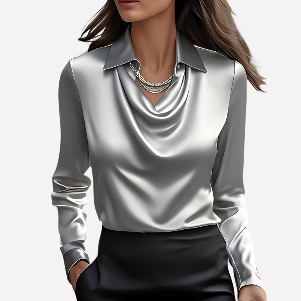 Women's Satin-Style Woven Blouse with Draped Neckline and Cuffs