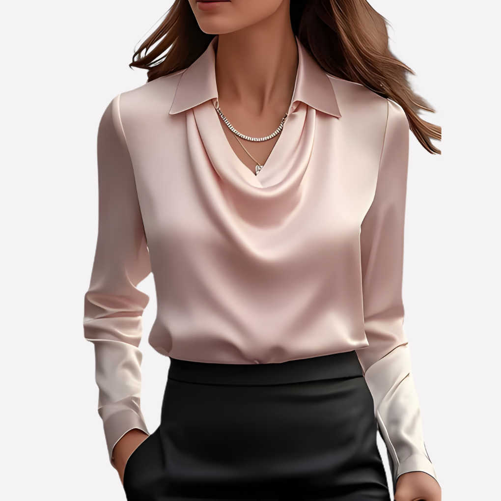 Women's Satin-Style Woven Blouse with Draped Neckline and Cuffs