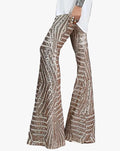 Women's Sequin Flare Pants with Elastic Waist and Geometric Stripes
