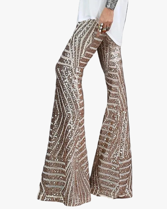 Women's Sequin Flare Pants with Elastic Waist and Geometric Stripes