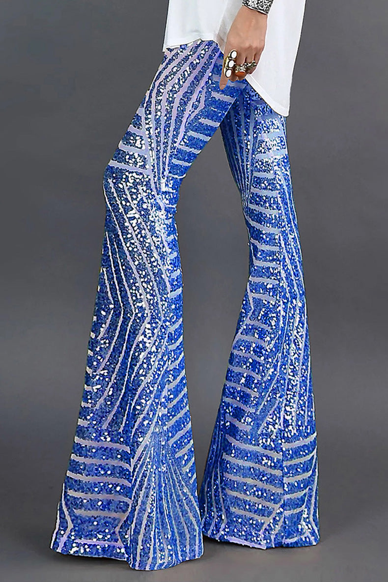 Women's Sequin Flare Pants with Elastic Waist and Geometric Stripes