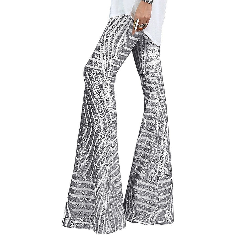 Women's Sequin Flare Pants with Elastic Waist and Geometric Stripes