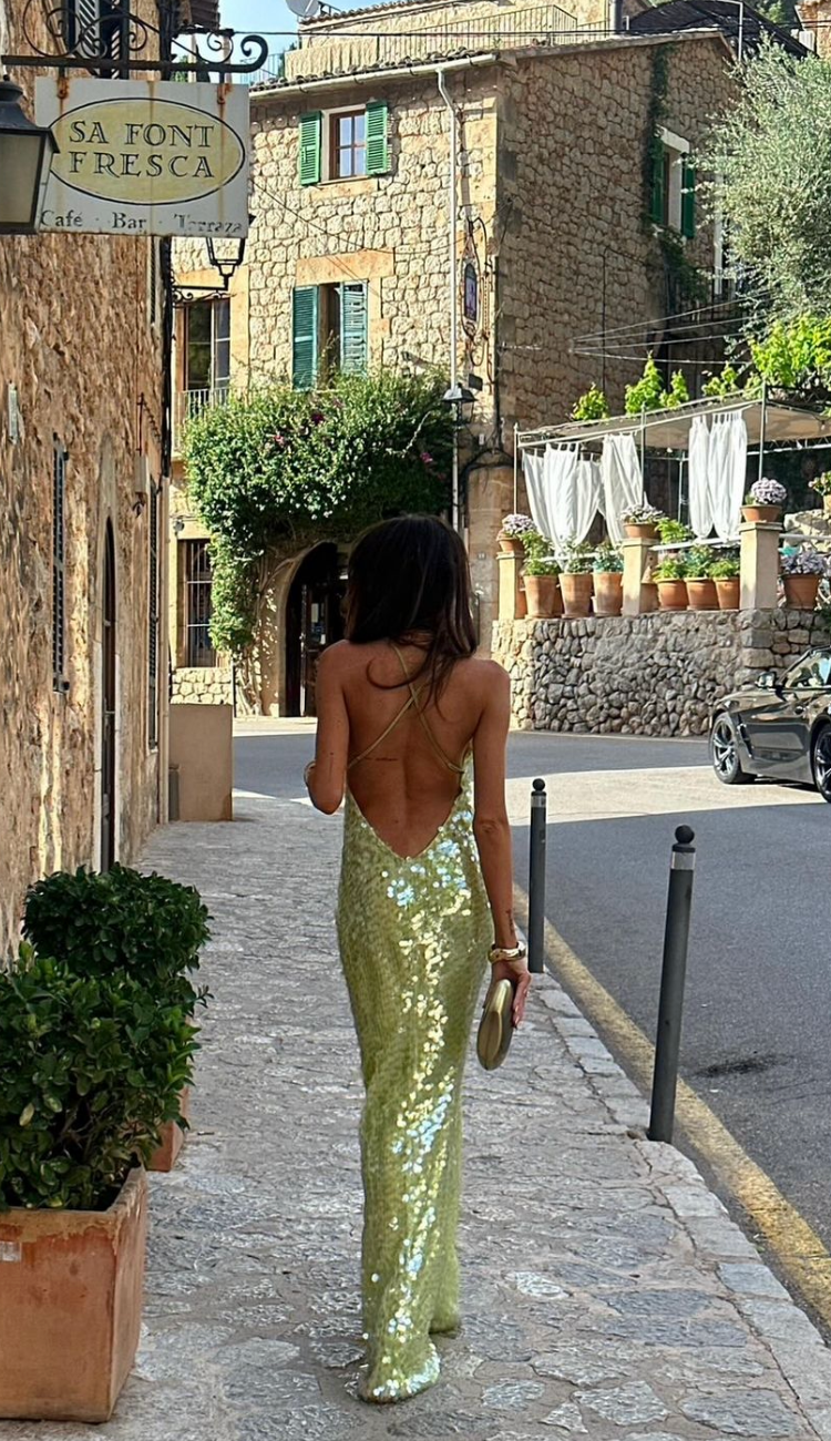 Women's Sequin Maxi Dress with Square Neck and Open Back