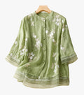 Women's Sheer Woven Blouse with Floral Embroidery and Band Collar