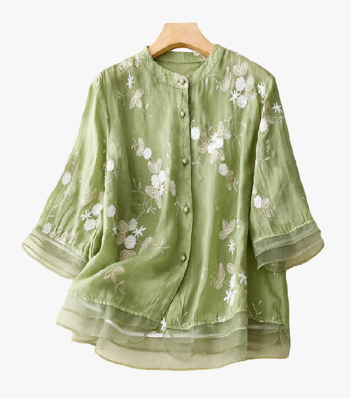 Women's Sheer Woven Blouse with Floral Embroidery and Band Collar