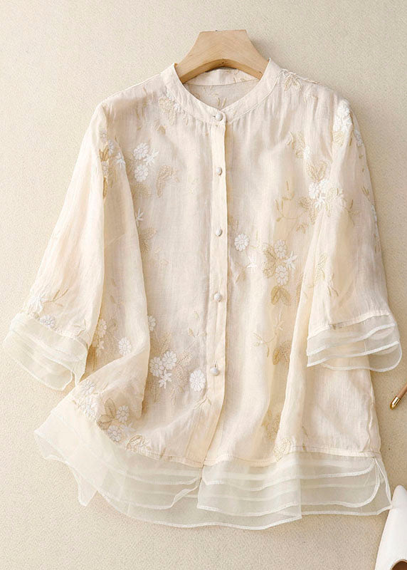 Women's Sheer Woven Blouse with Floral Embroidery and Band Collar