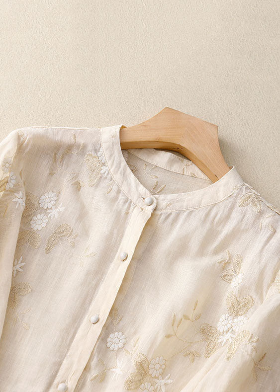 Women's Sheer Woven Blouse with Floral Embroidery and Band Collar