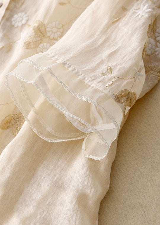 Women's Sheer Woven Blouse with Floral Embroidery and Band Collar