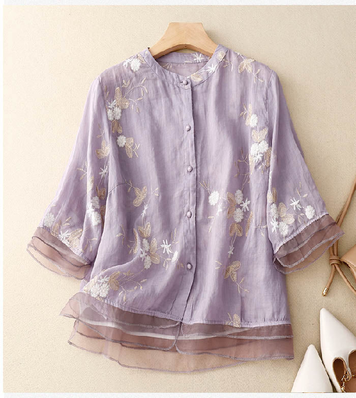 Women's Sheer Woven Blouse with Floral Embroidery and Band Collar