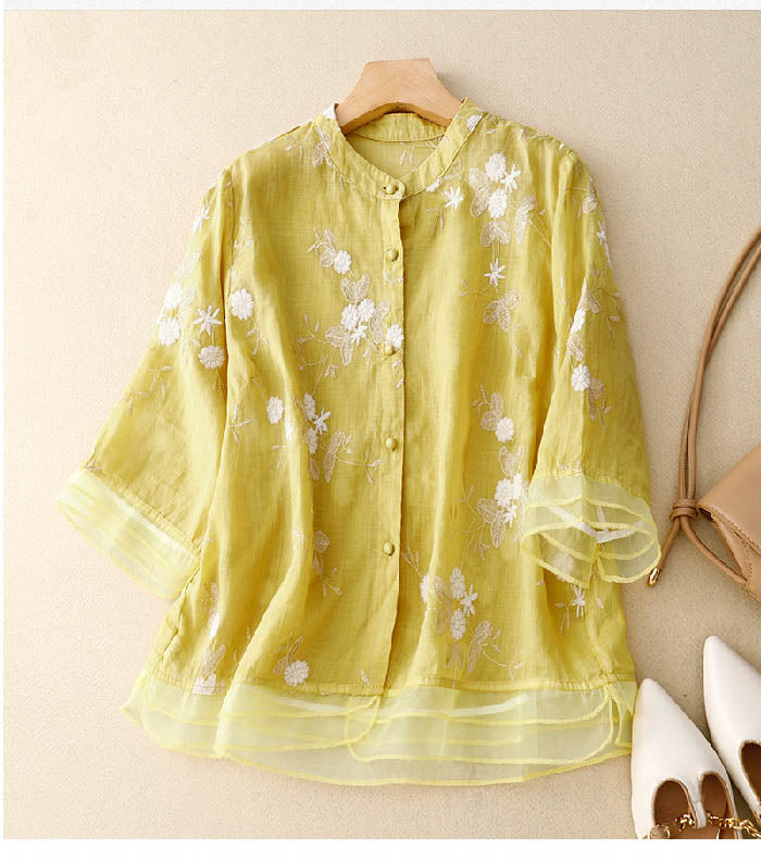 Women's Sheer Woven Blouse with Floral Embroidery and Band Collar