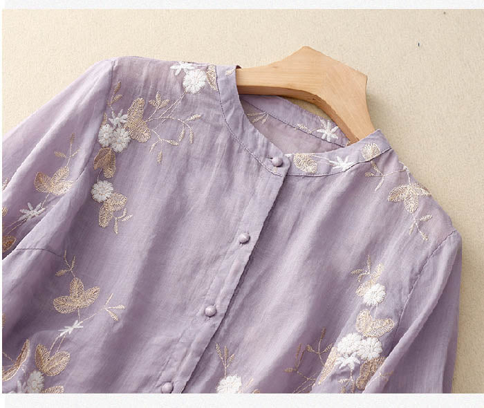 Women's Sheer Woven Blouse with Floral Embroidery and Band Collar