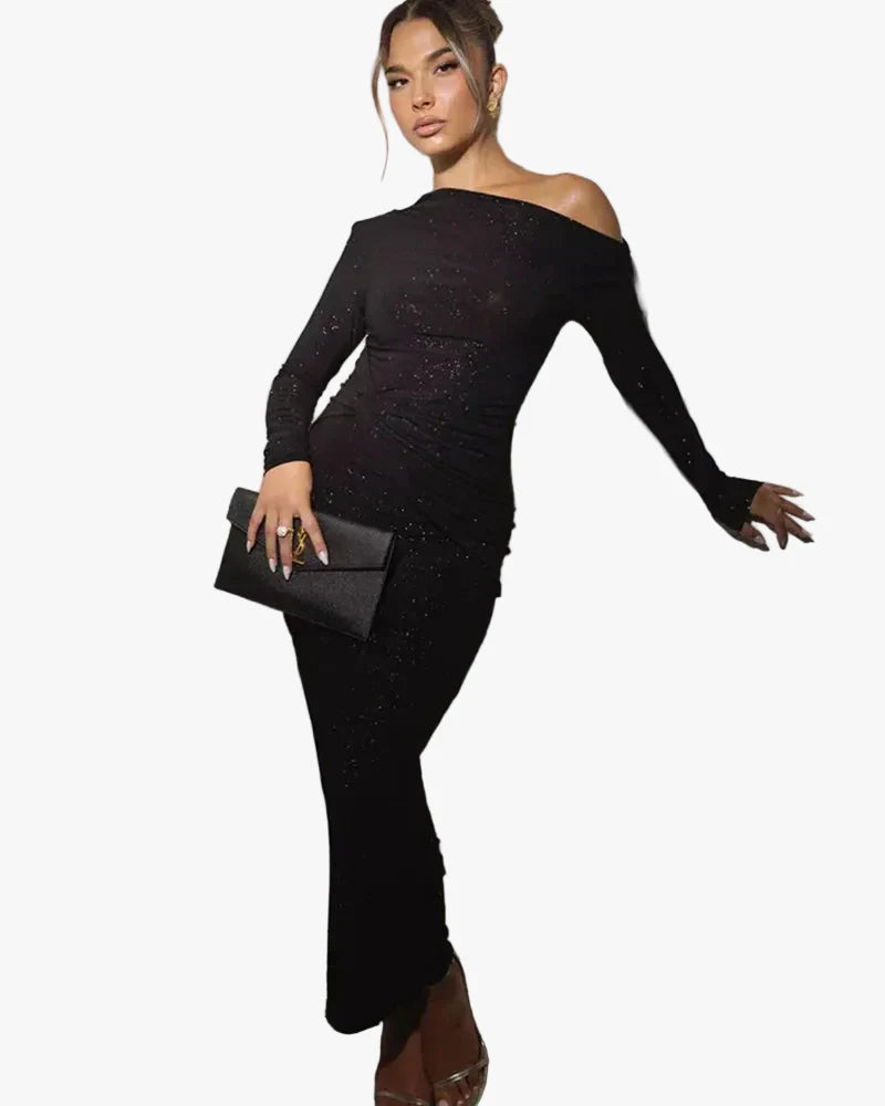 Women's Shimmer Knit Maxi Dress with One-Shoulder Neckline and Draped Waist