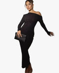 Women's Shimmer Knit Maxi Dress with One-Shoulder Neckline and Draped Waist