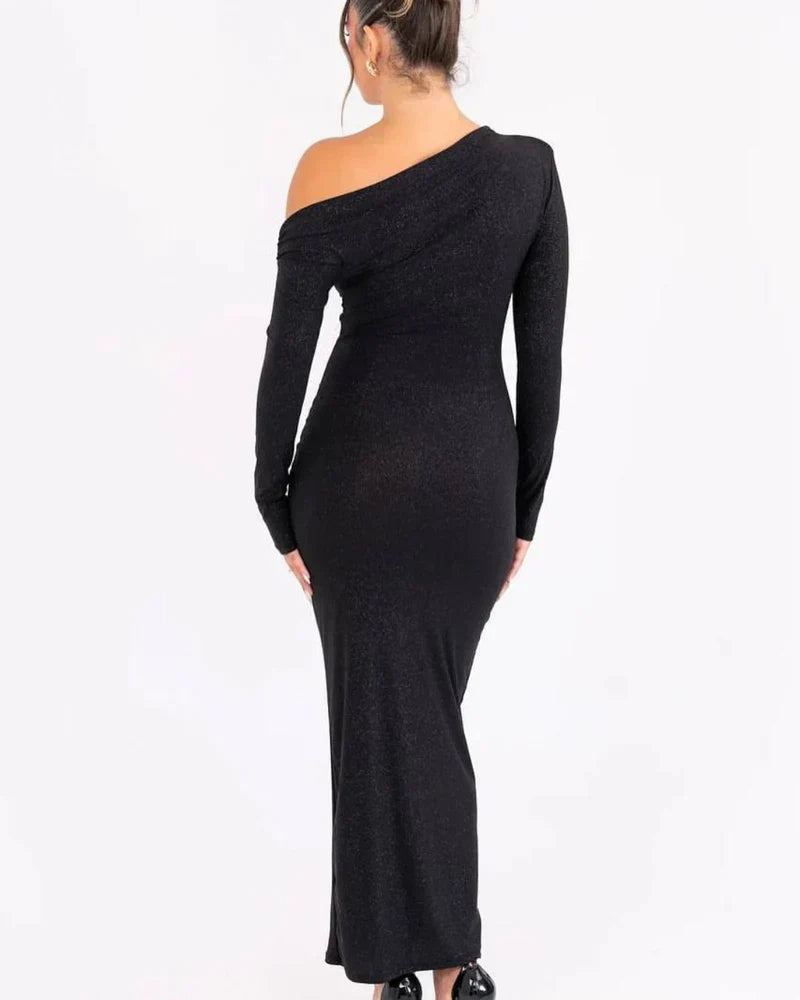 Women's Shimmer Knit Maxi Dress with One-Shoulder Neckline and Draped Waist
