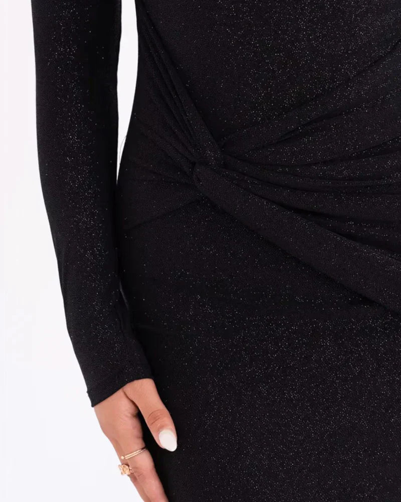 Women's Shimmer Knit Maxi Dress with One-Shoulder Neckline and Draped Waist