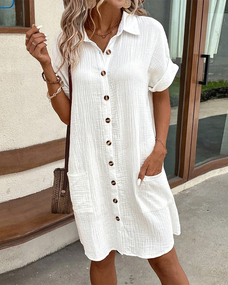 Women's Shirt Dress in Crinkle Weave with Button Front and Pockets
