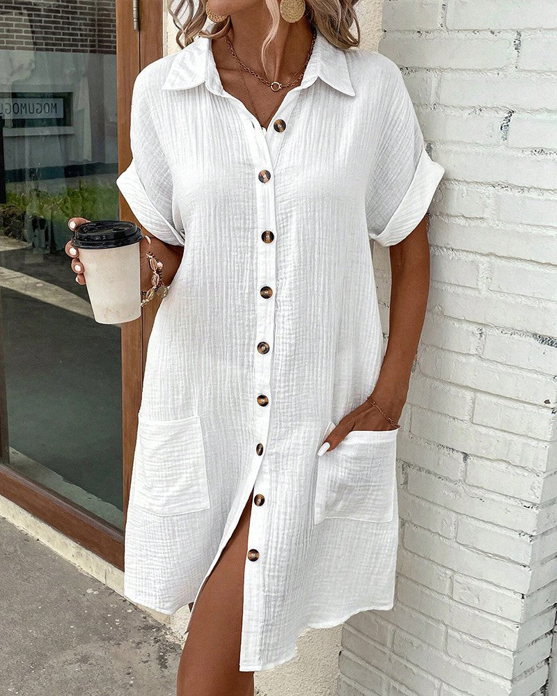 Women's Shirt Dress in Crinkle Weave with Button Front and Pockets