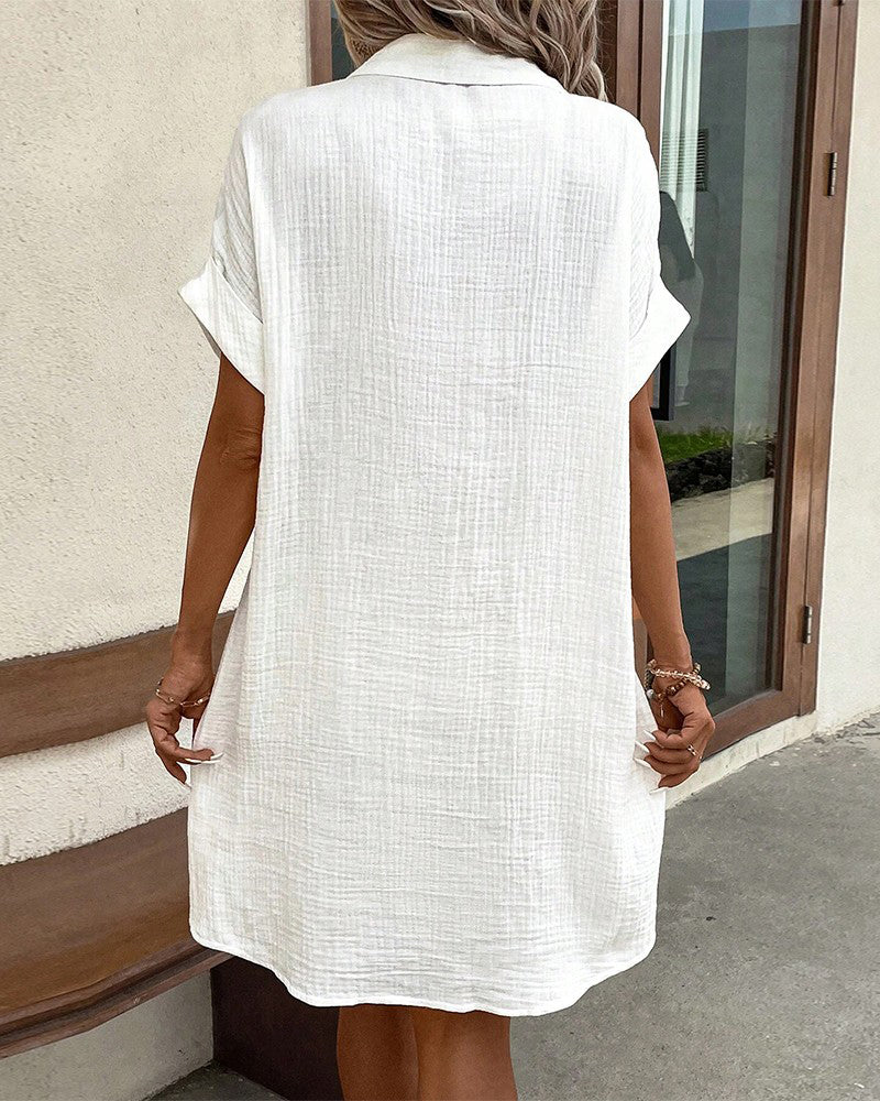 Women's Shirt Dress in Crinkle Weave with Button Front and Pockets