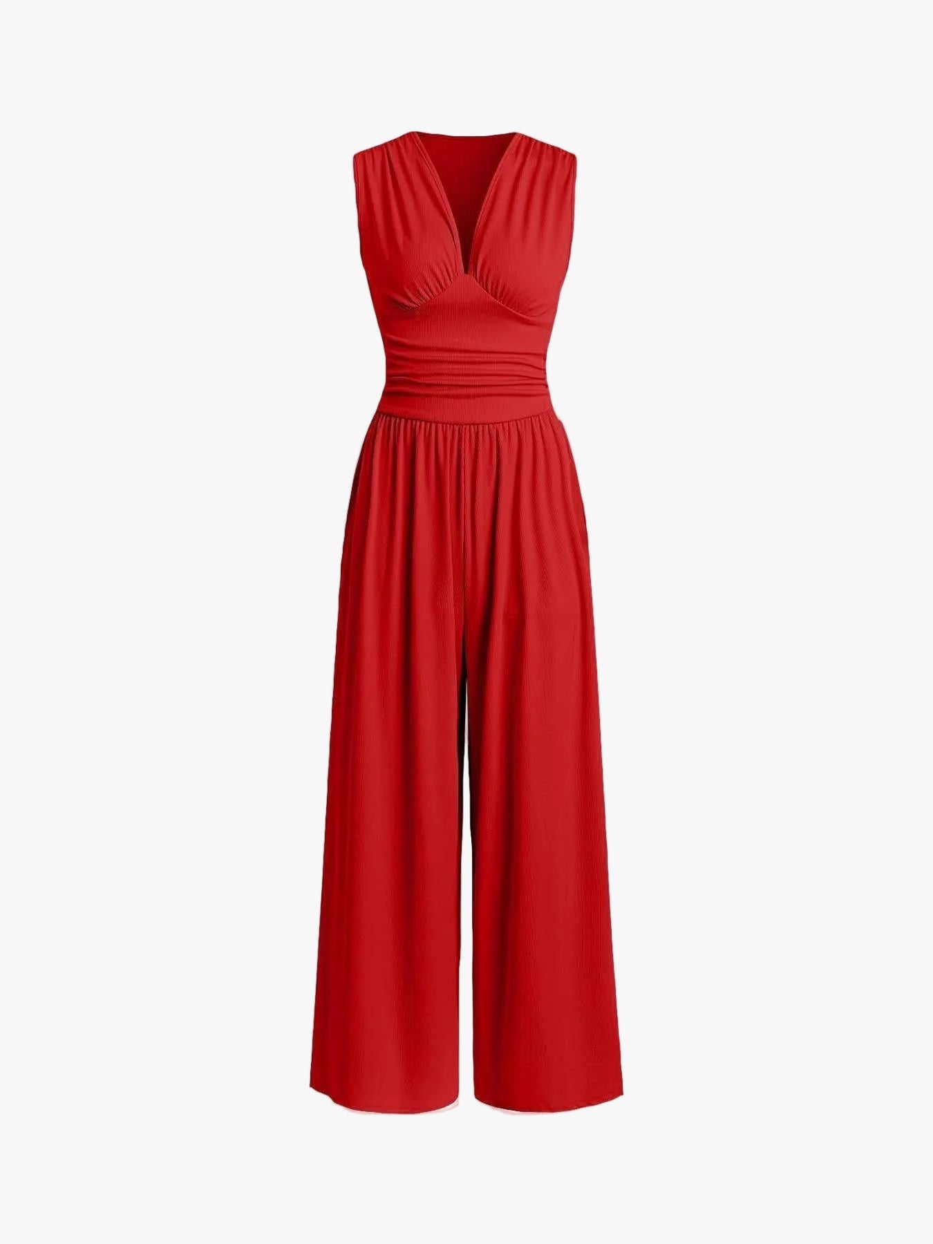 Women's Sleeveless Knit Jumpsuit with V Neck and Ruched Waist