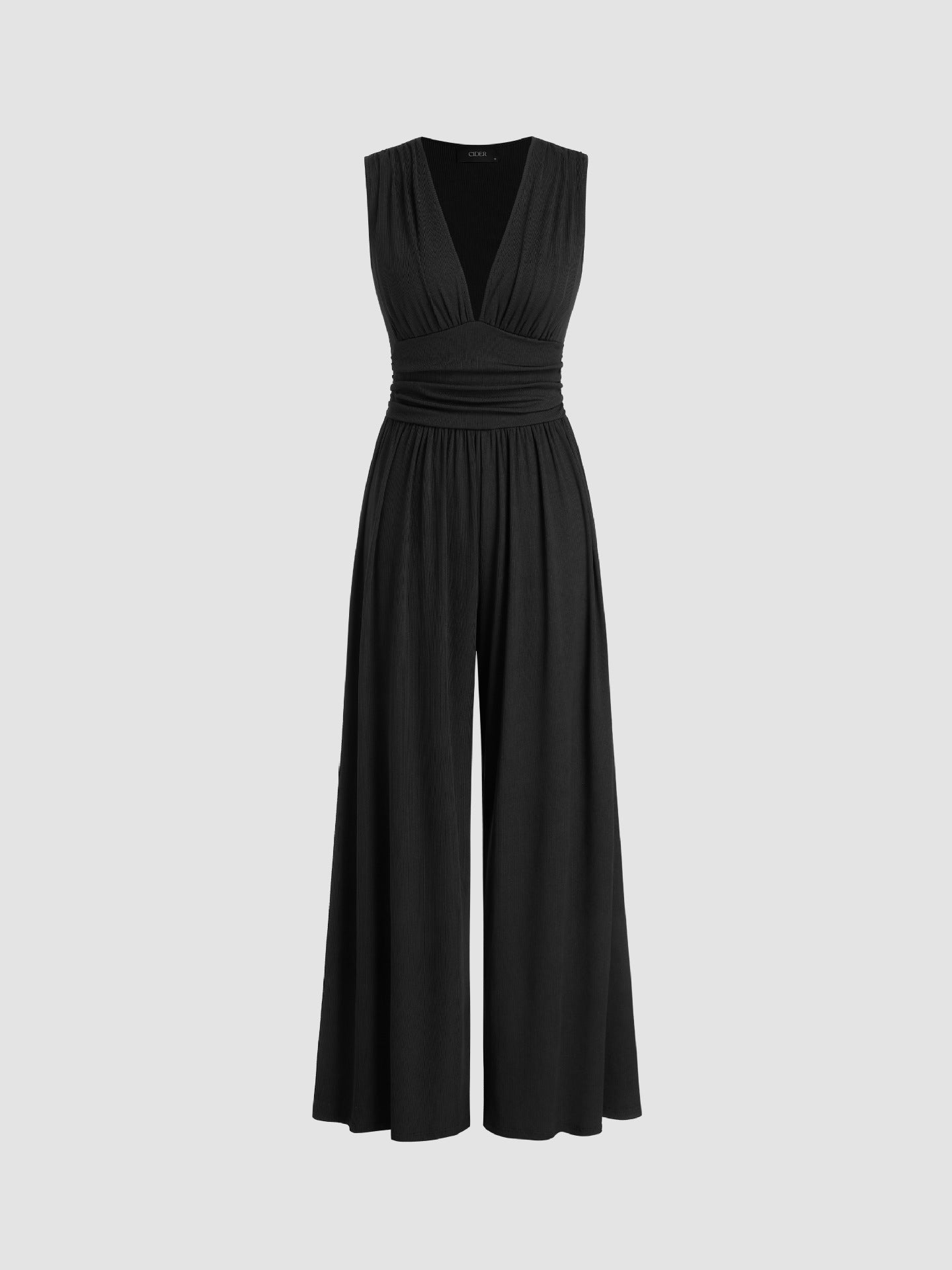 Women's Sleeveless Knit Jumpsuit with V Neck and Ruched Waist