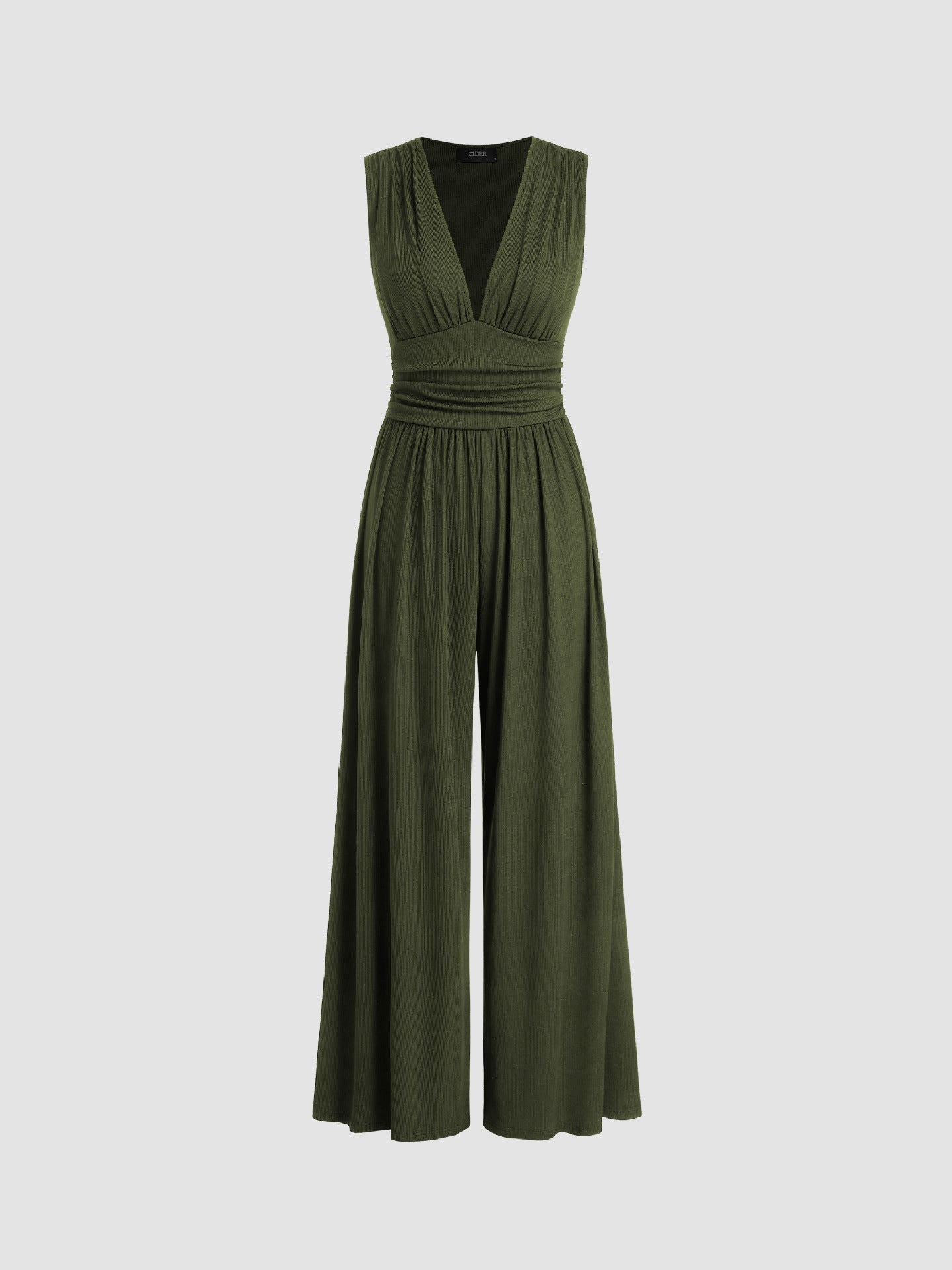 Women's Sleeveless Knit Jumpsuit with V Neck and Ruched Waist