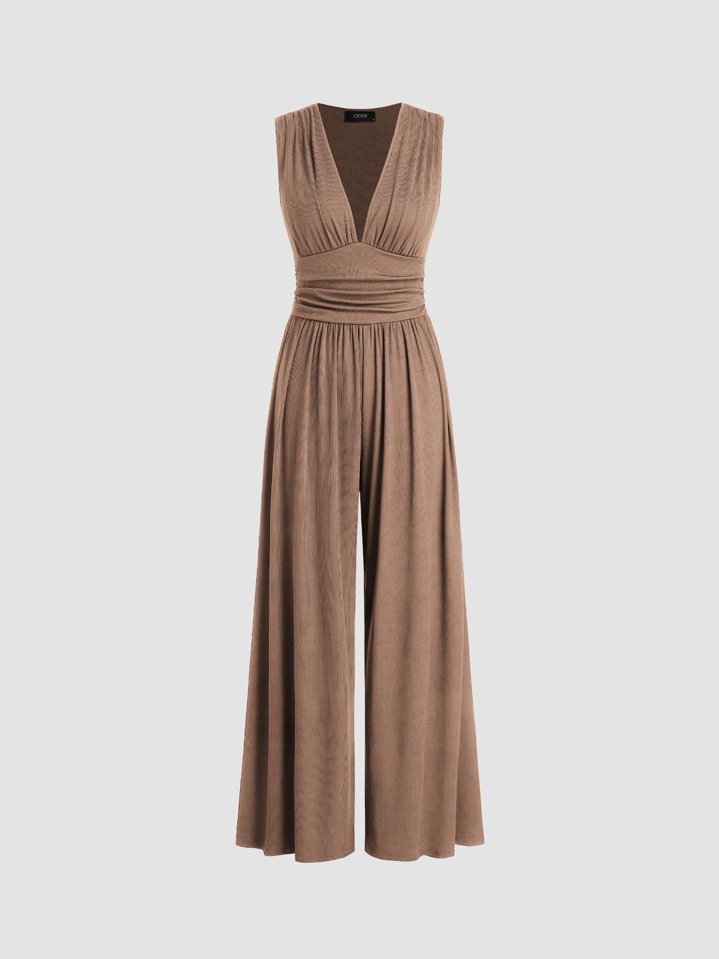 Women's Sleeveless Knit Jumpsuit with V Neck and Ruched Waist