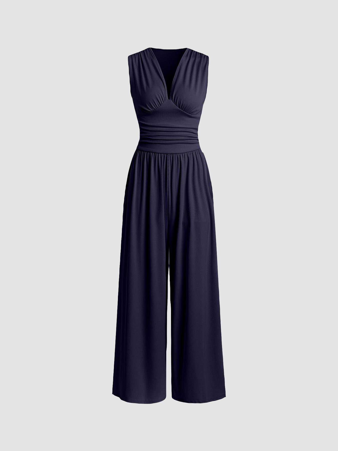 Women's Sleeveless Knit Jumpsuit with V Neck and Ruched Waist