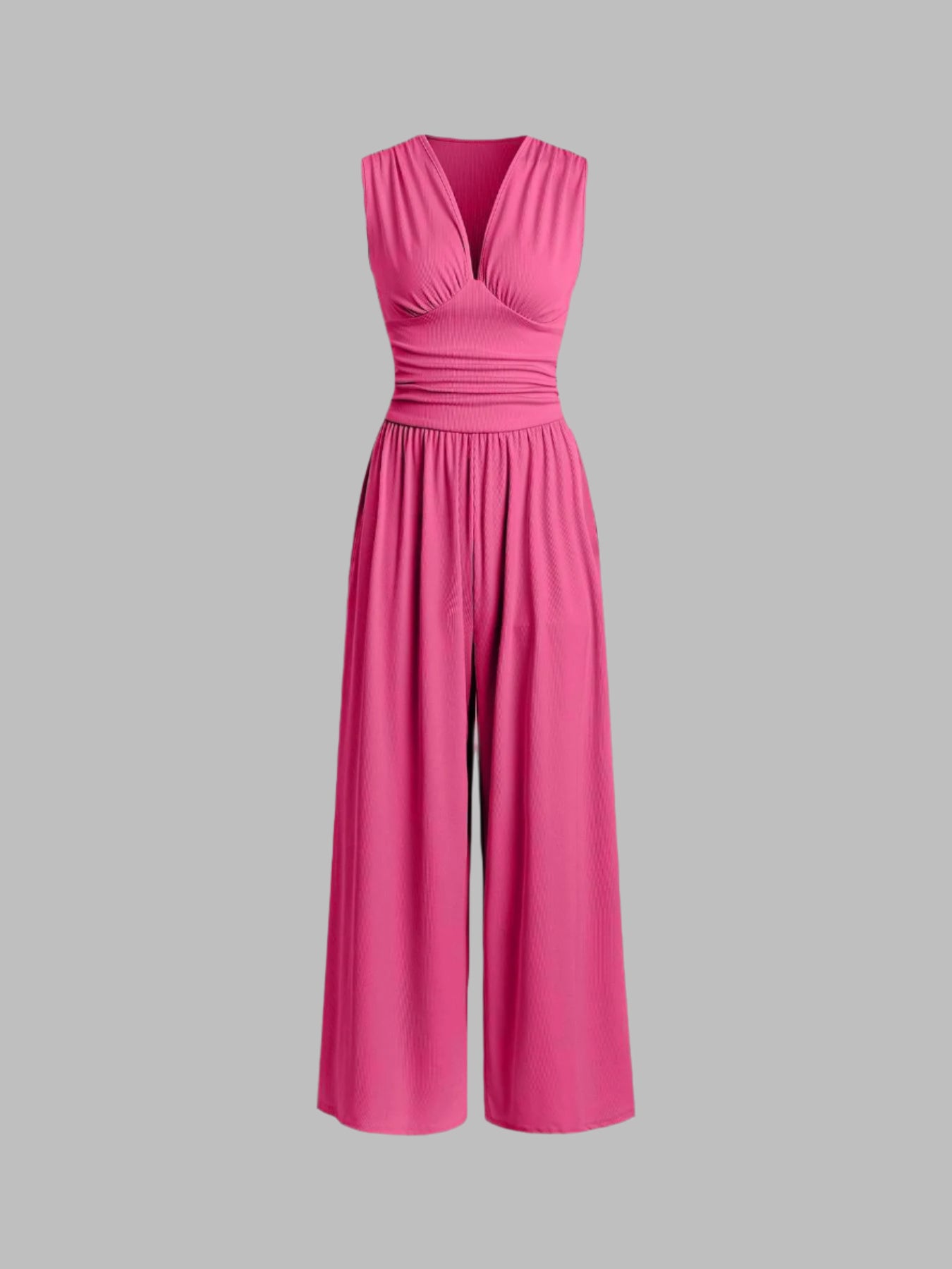 Women's Sleeveless Knit Jumpsuit with V Neck and Ruched Waist
