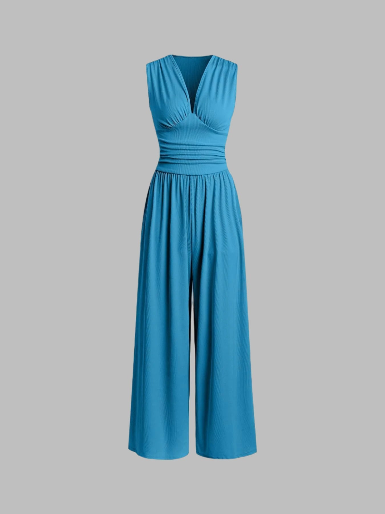 Women's Sleeveless Knit Jumpsuit with V Neck and Ruched Waist