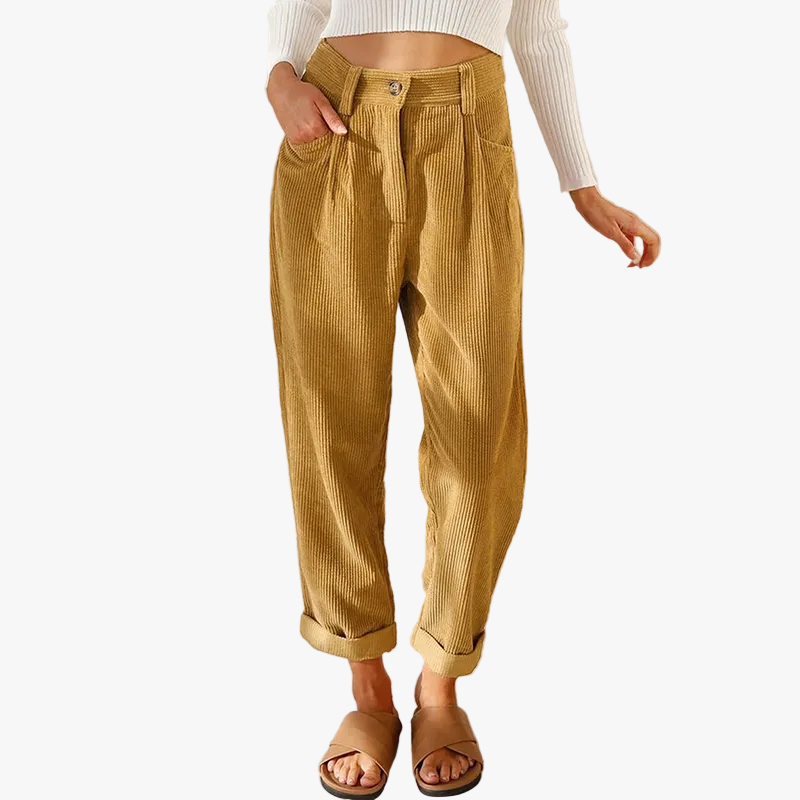 Women's Straight-Leg Corduroy Pants with Front Pleats and Cuffed Hem