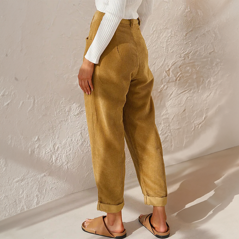 Women's Straight-Leg Corduroy Pants with Front Pleats and Cuffed Hem