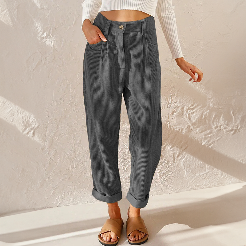 Women's Straight-Leg Corduroy Pants with Front Pleats and Cuffed Hem