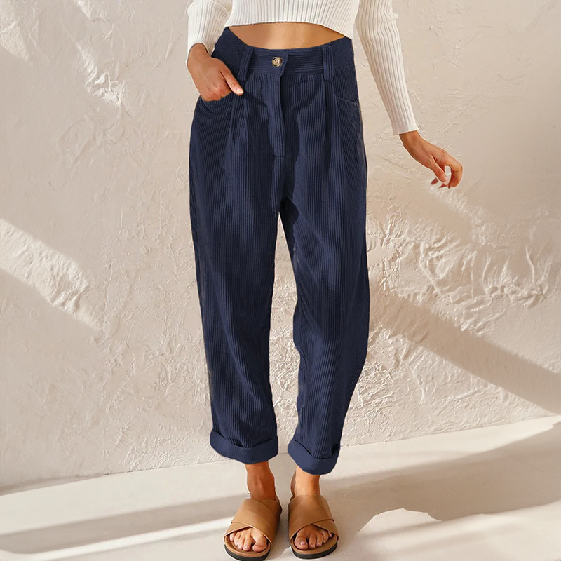 Women's Straight-Leg Corduroy Pants with Front Pleats and Cuffed Hem