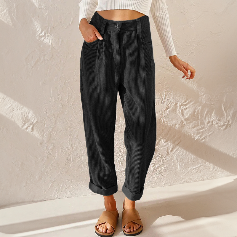Women's Straight-Leg Corduroy Pants with Front Pleats and Cuffed Hem
