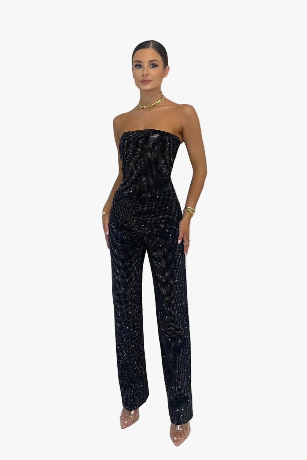 Women's Strapless Denim Jumpsuit with Rhinestone Surface and Pockets