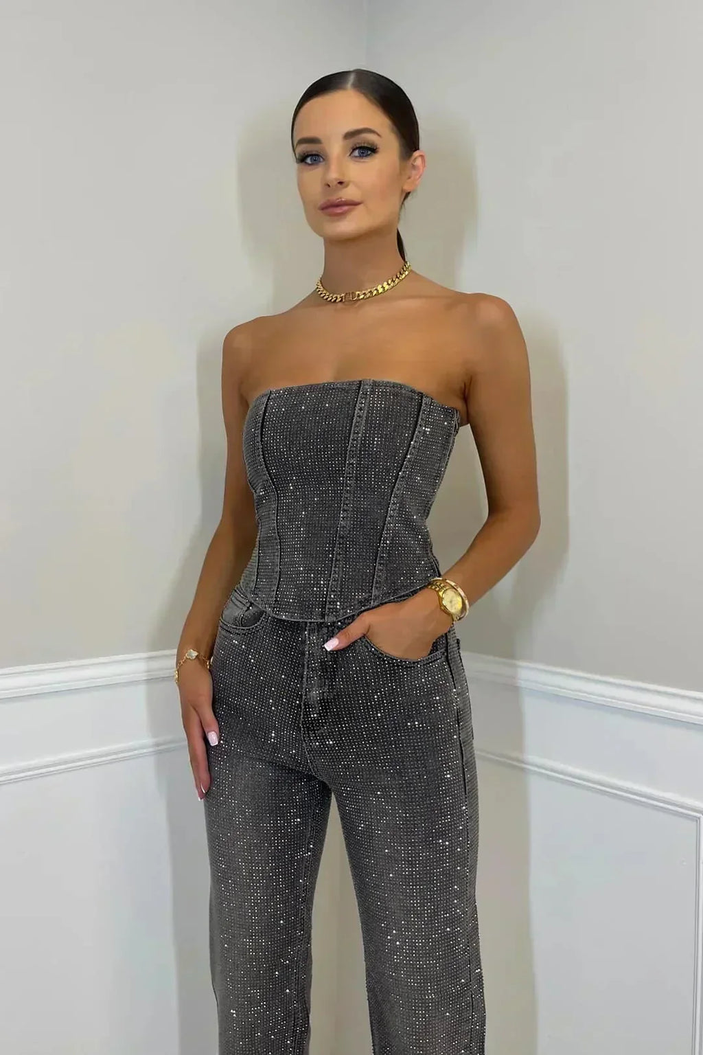 Women's Strapless Denim Jumpsuit with Rhinestone Surface and Pockets