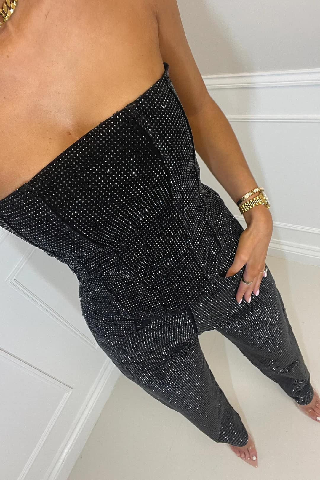 Women's Strapless Denim Jumpsuit with Rhinestone Surface and Pockets