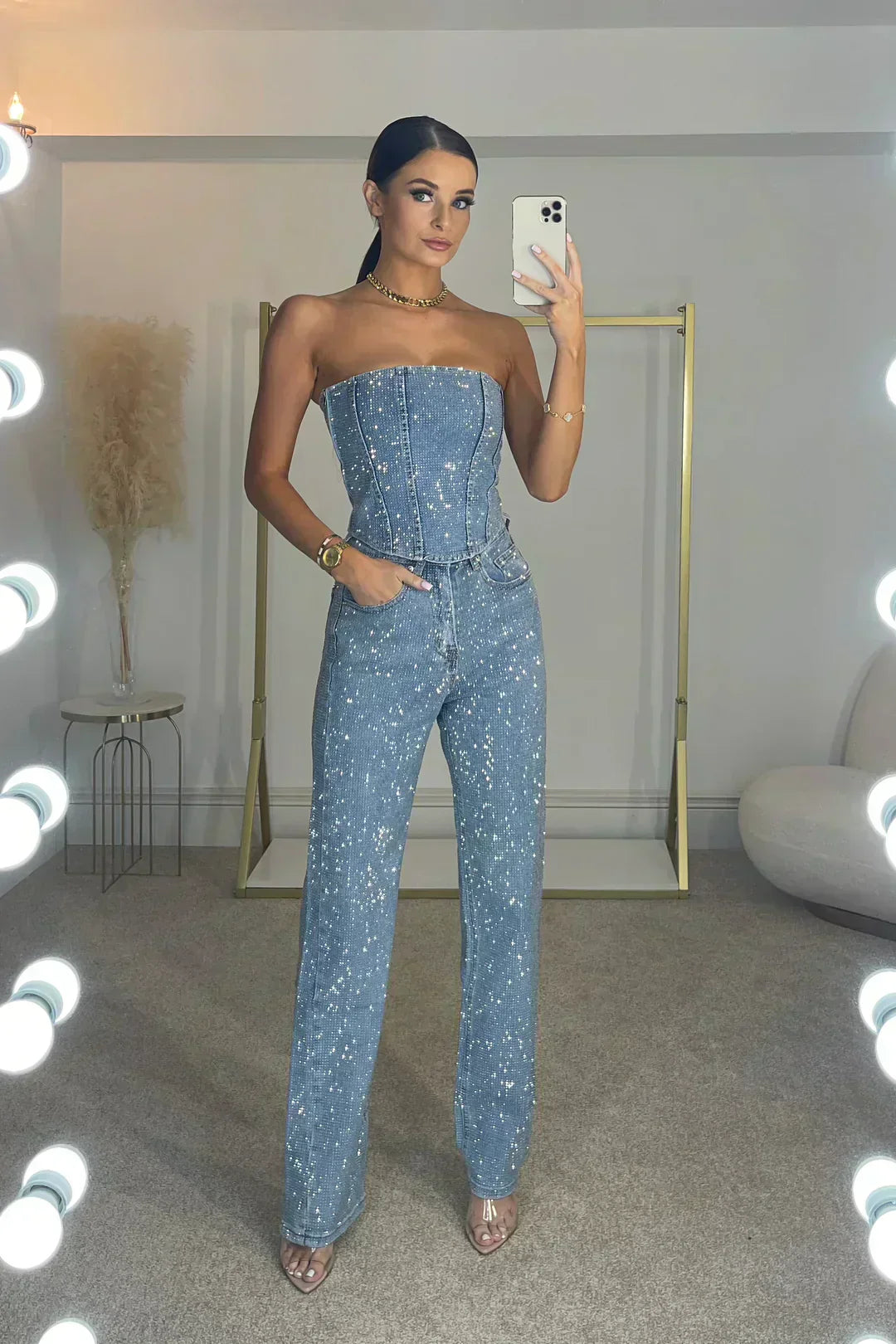 Women's Strapless Denim Jumpsuit with Rhinestone Surface and Pockets