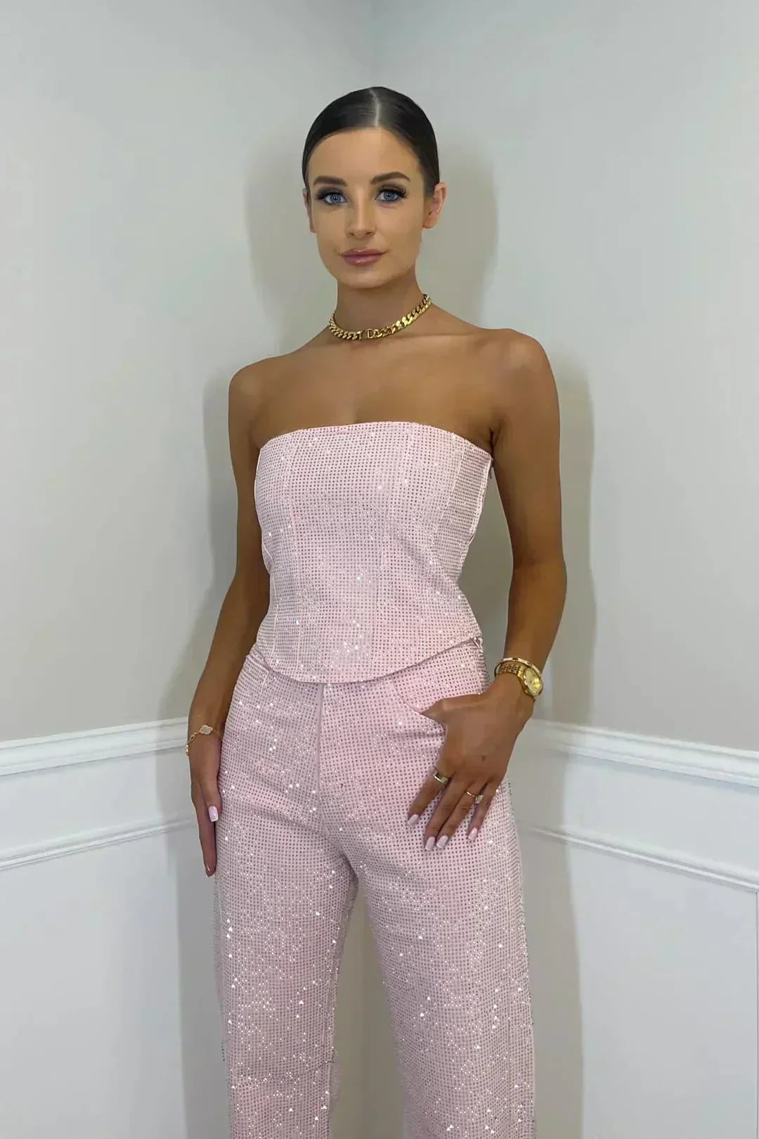 Women's Strapless Denim Jumpsuit with Rhinestone Surface and Pockets