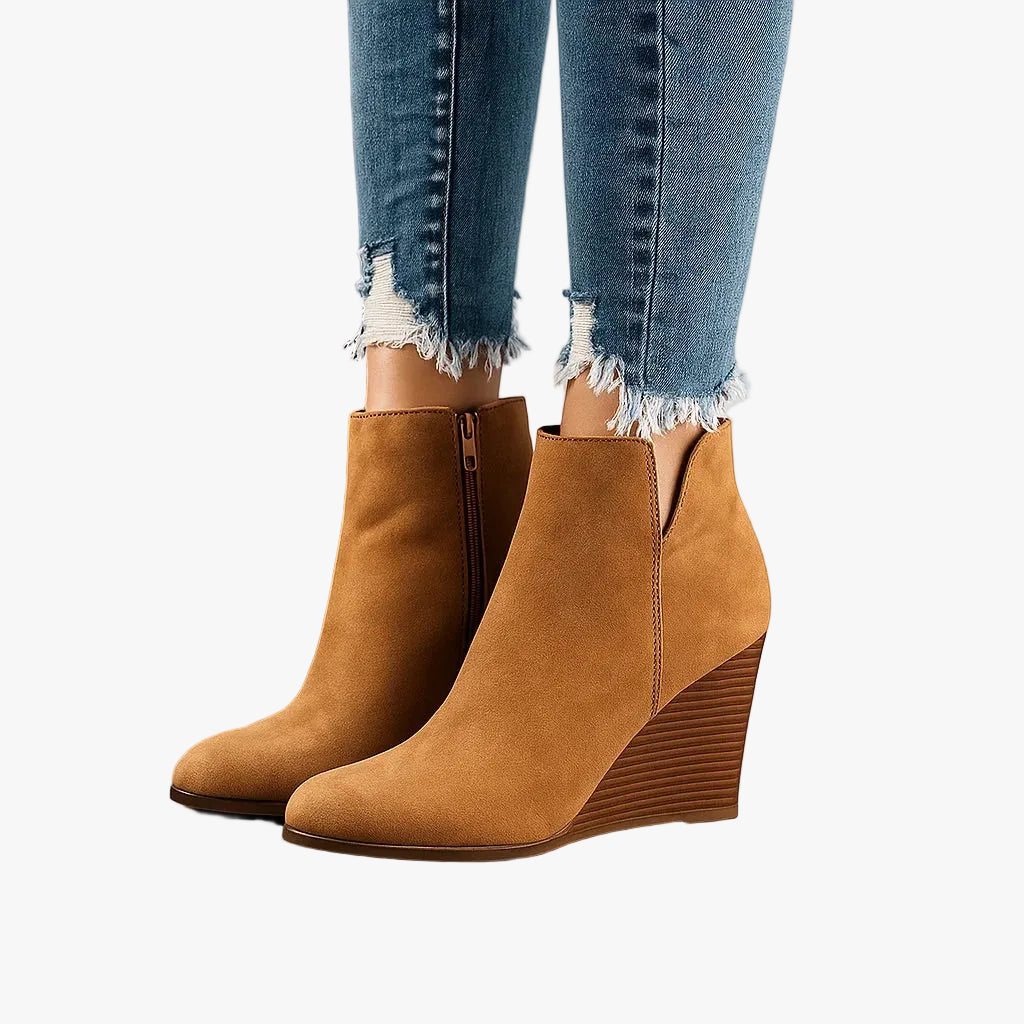 Women's Suede Ankle Boots with Wedge Heel and Side Zipper